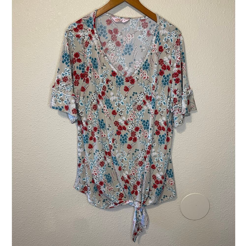 AMANA Cottage Core Gray Red Blue Floral Textured Tie Front V Neck Tee Size 2X - Picture 10 of 12